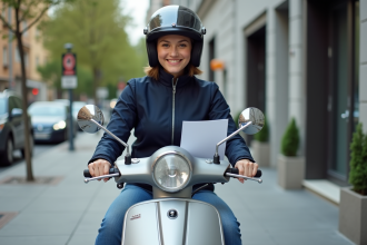 Jeune femme en scooter urbain avec documents