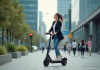 Pourquoi choisir une trottinette électrique Blaster pour vos déplacements urbains ? Jeune femme en blazer roulant en scooter en ville