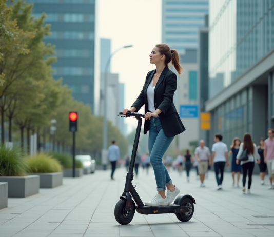 Pourquoi choisir une trottinette électrique Blaster pour vos déplacements urbains ? Jeune femme en blazer roulant en scooter en ville