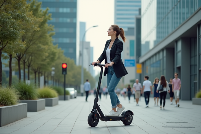 jeune-femme-scooter-ville Jeune femme en blazer roulant en scooter en ville