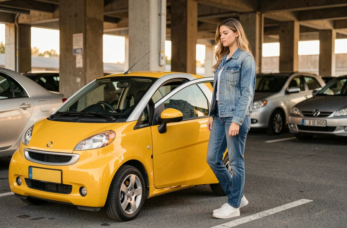 Jeune femme debout à côté d'une voiture sans permis jaune dans un parking urbain
