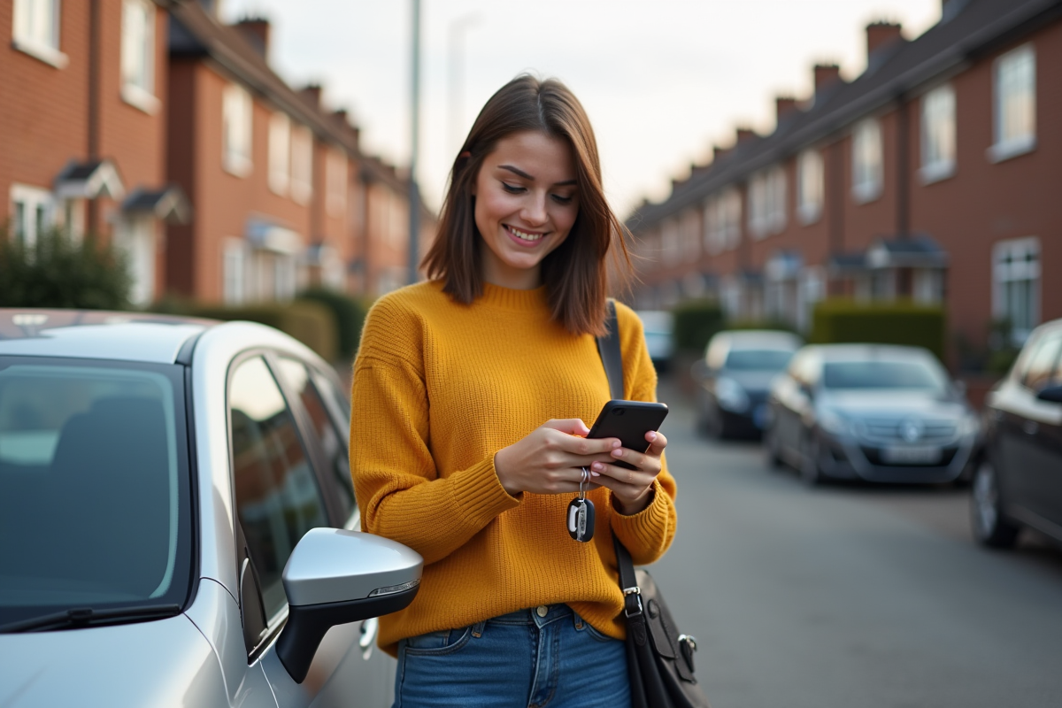 Jeune femme avec sa voiture regardant son smartphone dehors