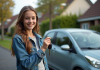 Jeune fille avec clés de voiture devant une voiture compacte