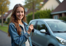 Assurer une voiture : à quel âge est-ce possible ? Jeune fille avec clés de voiture devant une voiture compacte