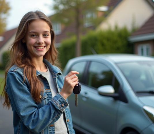 Assurer une voiture : à quel âge est-ce possible ? Jeune fille avec clés de voiture devant une voiture compacte