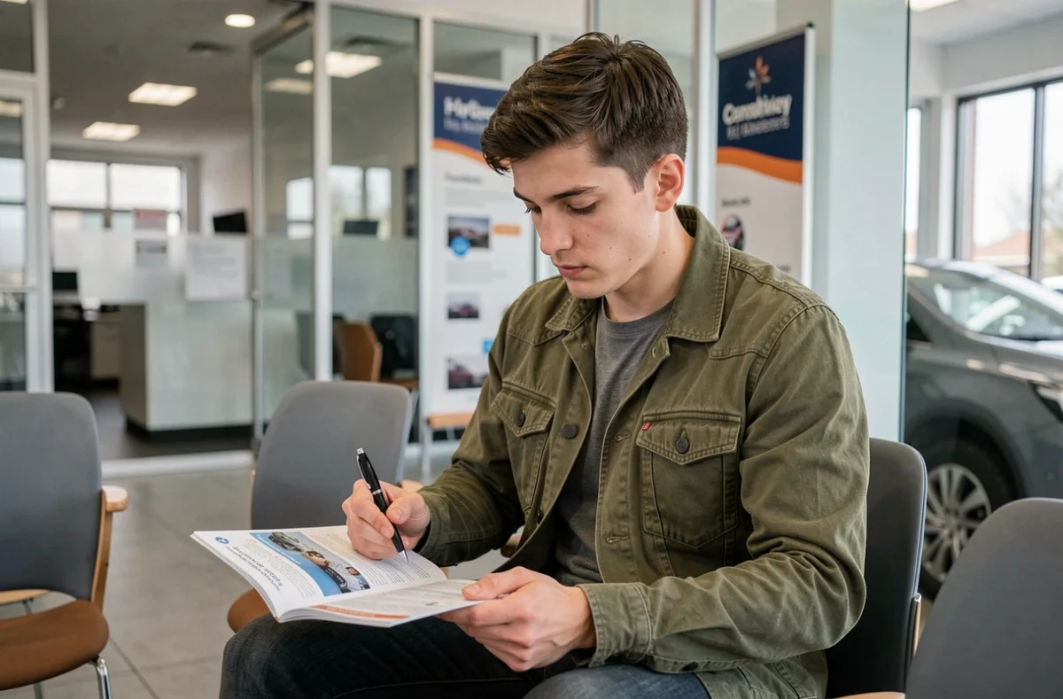 Jeune homme lisant une brochure d'assurance auto en promotion dans la salle d'attente d'un concessionnaire