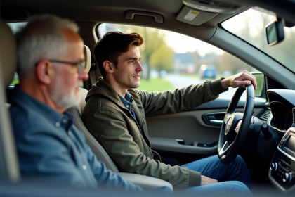Jeune homme concentré au volant d'une voiture moderne