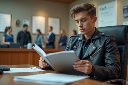 Jeune homme en moto jacket dans un bureau administratif