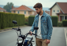 Comment sélectionner la plus adaptée des petites motos Honda pour débuter Jeune homme examine une petite moto dans un parking résidentiel