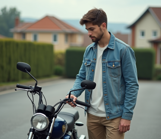Comment sélectionner la plus adaptée des petites motos Honda pour débuter Jeune homme examine une petite moto dans un parking résidentiel