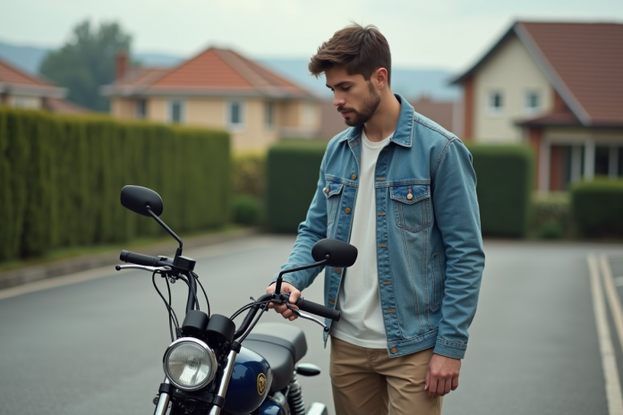 Jeune homme examine une petite moto dans un parking résidentiel