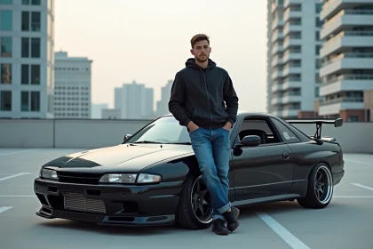 Jeune homme avec Nissan Silvia dans un décor urbain