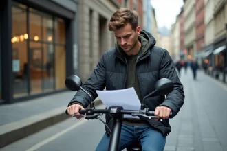 Jeune homme sur un scooter en ville consultant des documents administratifs liés à la réglementation du permis scooter