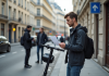 Jeune homme avec scooter électrique à Paris