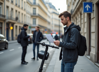 Amende pour trottinette électrique : Tarifs et règlementation en France Jeune homme avec scooter électrique à Paris