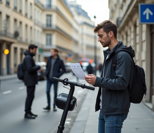 Amende pour trottinette électrique : Tarifs et règlementation en France Jeune homme avec scooter électrique à Paris