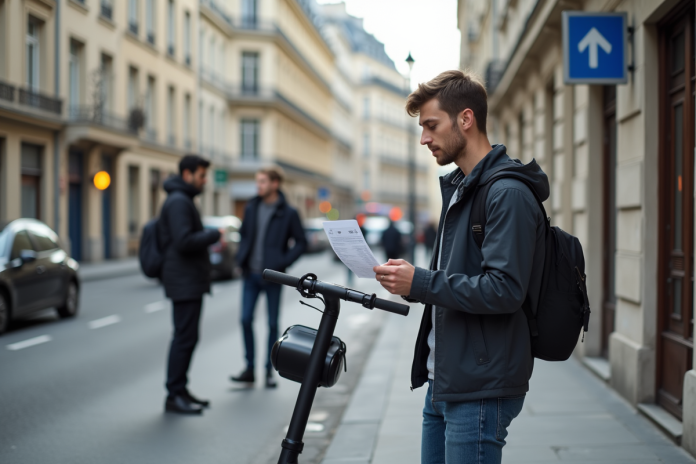 Jeune homme avec scooter électrique à Paris