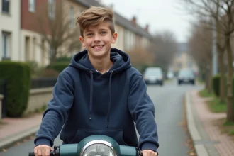 Adolescent en hoodie sur un scooter dans un quartier résidentiel