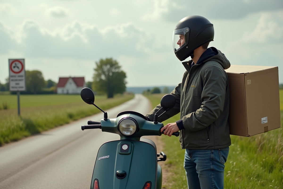 Jeune homme sécurise son scooter dans la campagne française