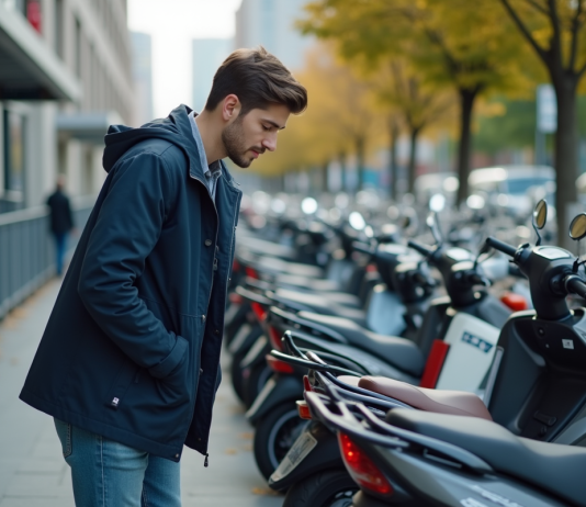 Comparatif des modèles de scooter 50 cm³ : quel prix attendre ? Jeune homme examine des scooters 50cc en ville