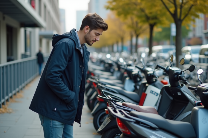 jeune-homme-scooters-urbain Jeune homme examine des scooters 50cc en ville