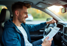 Jeune homme dans sa voiture lisant un document d'assurance
