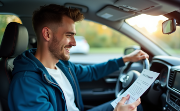 Jeune conducteur : découvrir le montant du bonus d’assurance auto Jeune homme dans sa voiture lisant un document d'assurance