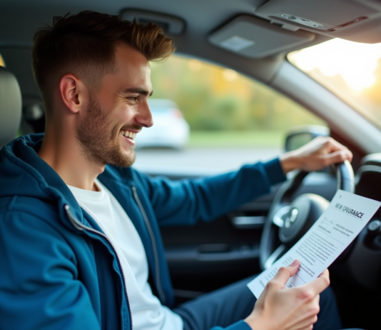 Jeune conducteur : découvrir le montant du bonus d’assurance auto Jeune homme dans sa voiture lisant un document d'assurance