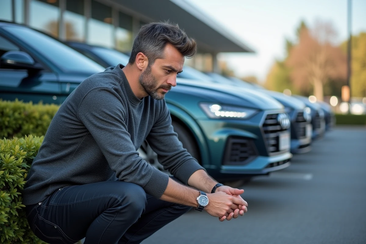Journaliste automobile examinant un logo de capot de voiture dans un parking de concession, guide visuel des marques automobiles