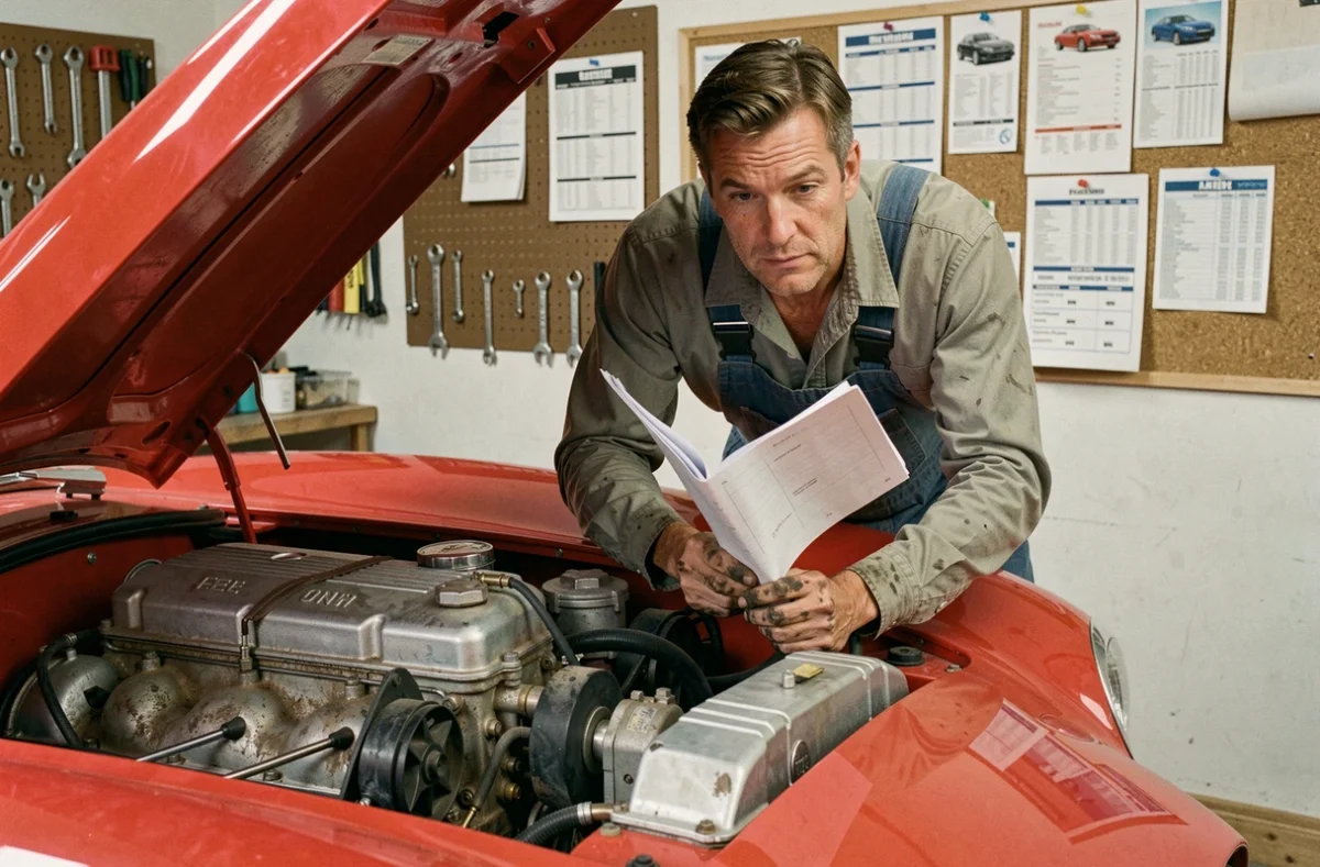 Mécanicien amateur évaluant le coût d'un kit car Cobra dans son garage privé avec des fiches de prix
