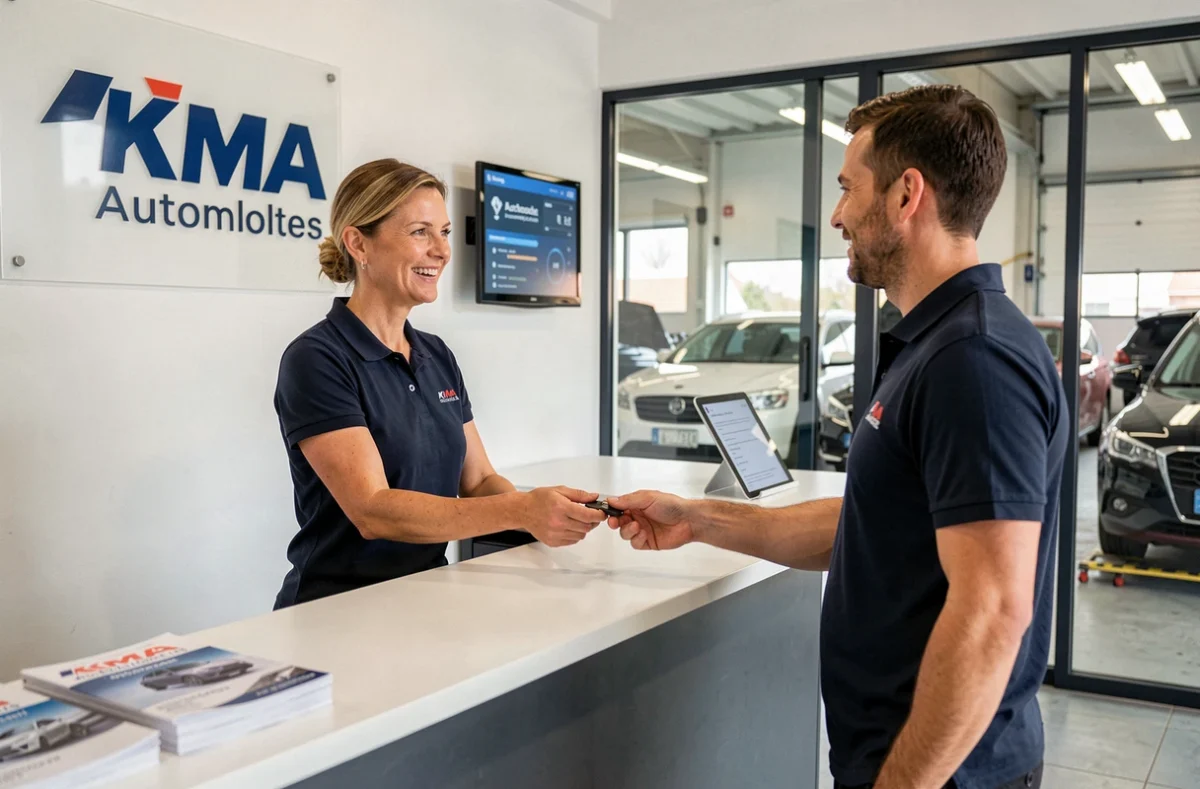 Accueil chaleureux d'un client par une conseillère chez KMA Automobiles à Rouxmesnil-Bouteilles