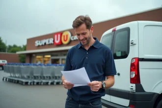 Homme consultant un contrat de location utilitaire Super U dans un parking de supermarché