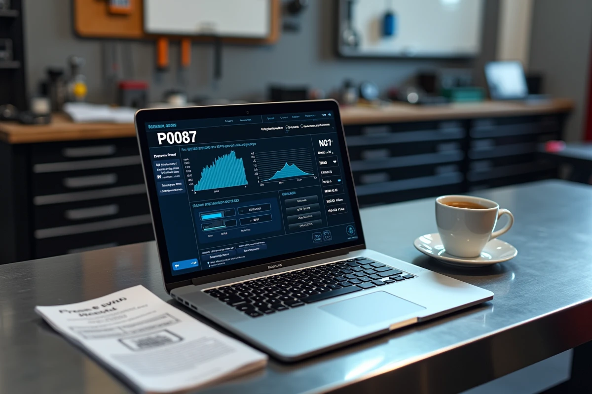 Écran d'ordinateur affichant le code défaut P0087 et les données de pression carburant en temps réel sur un logiciel de diagnostic automobile pour Peugeot 208 GTi