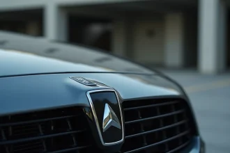 Gros plan sur un emblème de voiture en chrome poli sur la calandre d'une berline de luxe, logo automobile reconnaissable avec finition métallique brillante