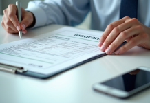 Mains tenant un certificat d'assurance avec stylo et smartphone
