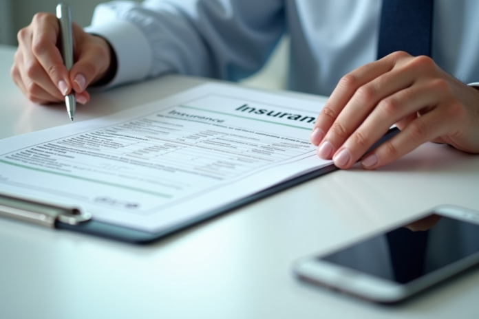Mains tenant un certificat d'assurance avec stylo et smartphone
