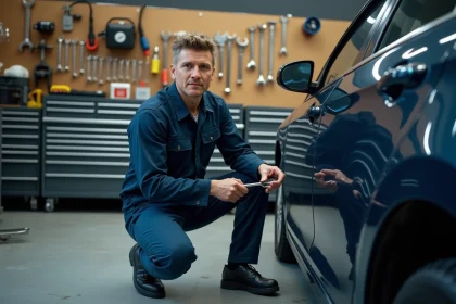 Mécanicien automobile utilisant une clé dynamométrique de précision sur un moteur ouvert dans un atelier professionnel