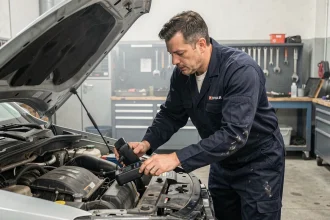 Mécanicien professionnel utilisant un scanner OBD2 pour diagnostiquer les voyants du tableau de bord d'un Dacia Duster dans un garage automobile