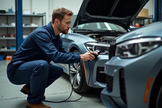 Mécanicien professionnel utilisant un scanner OBD2 pour diagnostiquer le voyant moteur allumé d'une BMW dans un garage