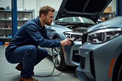 Mécanicien professionnel utilisant un scanner OBD2 pour diagnostiquer le voyant moteur allumé d'une BMW dans un garage