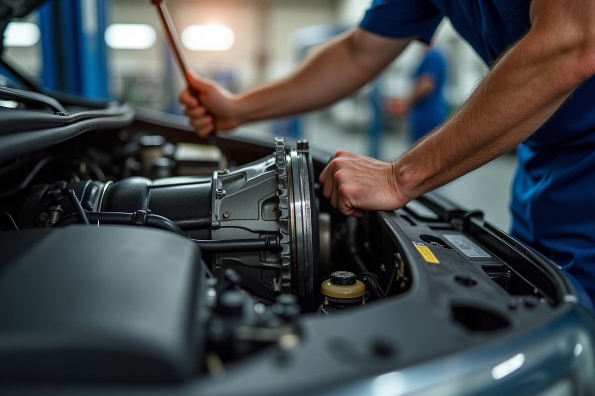 Mains d un mecanicien entretenant une transmission automatique