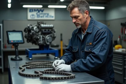 Mécanicien professionnel inspectant une chaîne de distribution BMW sur un établi d'atelier automobile