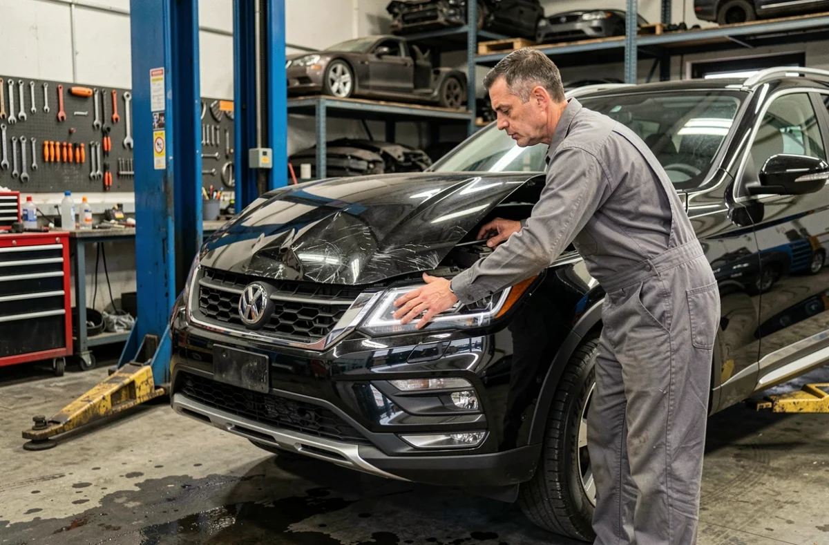Mécanicien inspectant les dégâts sur un SUV noir dans un garage automobile professionnel
