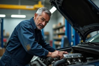 Mécanicien expert inspectant un moteur 1.6 TDI 105 dans un atelier automobile professionnel