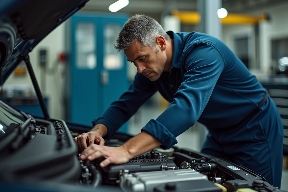 Mécanicien inspectant le compartiment moteur d'une voiture compacte pour évaluer la consommation et les performances d'un moteur 81 kW