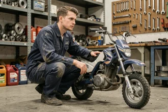 Mécanicien inspectant une moto Piwi 80 d'occasion dans un atelier de réparation