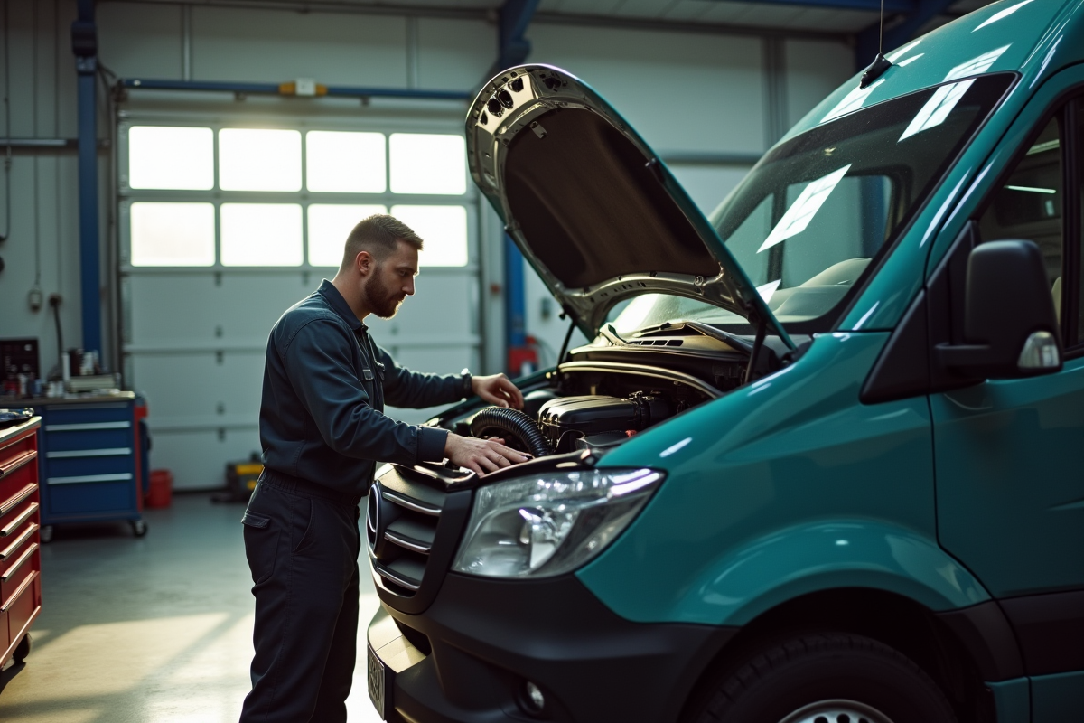 Mécanicien inspectant le moteur d un van d occasion dans un garage lumineux
