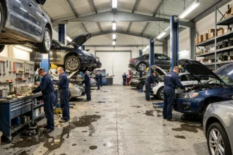 Vue d'ensemble d'un atelier mécanique automobile professionnel en Seine-Maritime avec plusieurs mécaniciens au travail