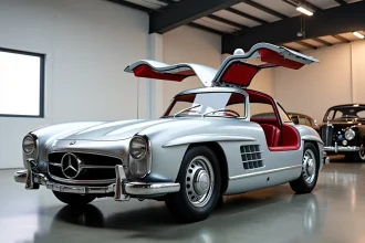 Mercedes 300 SL Gullwing argentée avec portes papillon ouvertes dans un garage de collectionneur privé