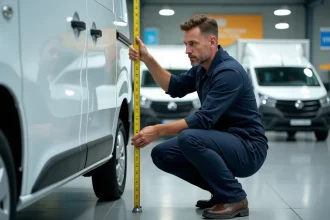 Technicien mesurant la hauteur d'un utilitaire Master L2H2 avec un mètre ruban dans une concession automobile